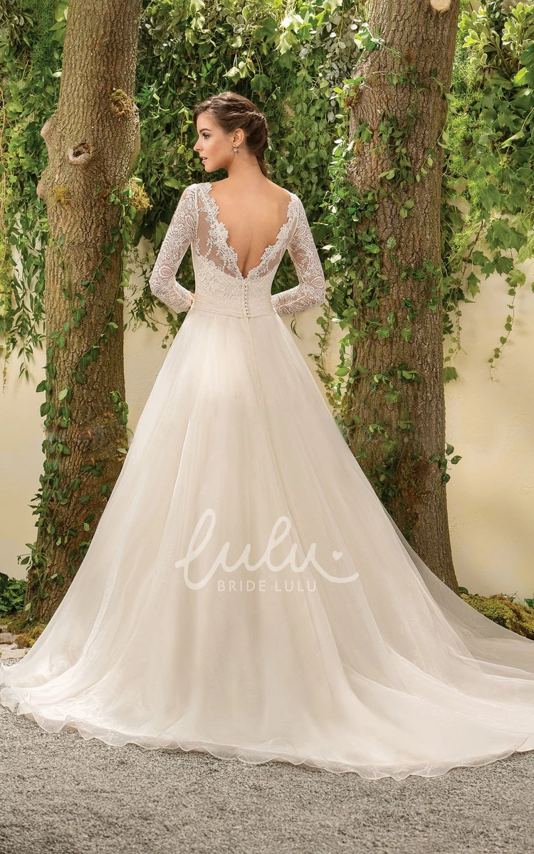 Lace Bodice A-Line Wedding Dress with 3/4 Sleeves and Deep V-Back