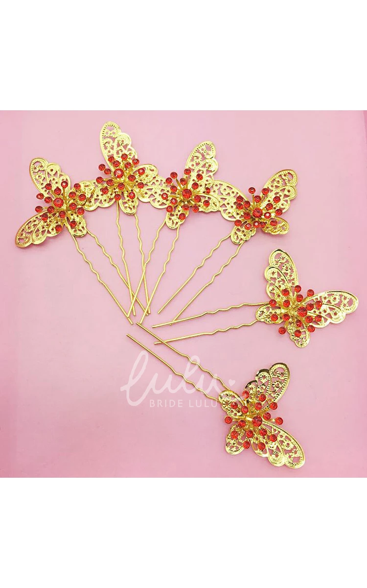 Chinese Cheongsam Wedding Hair Accessories Set with Red Hairpin U-Shaped Clip and Plate