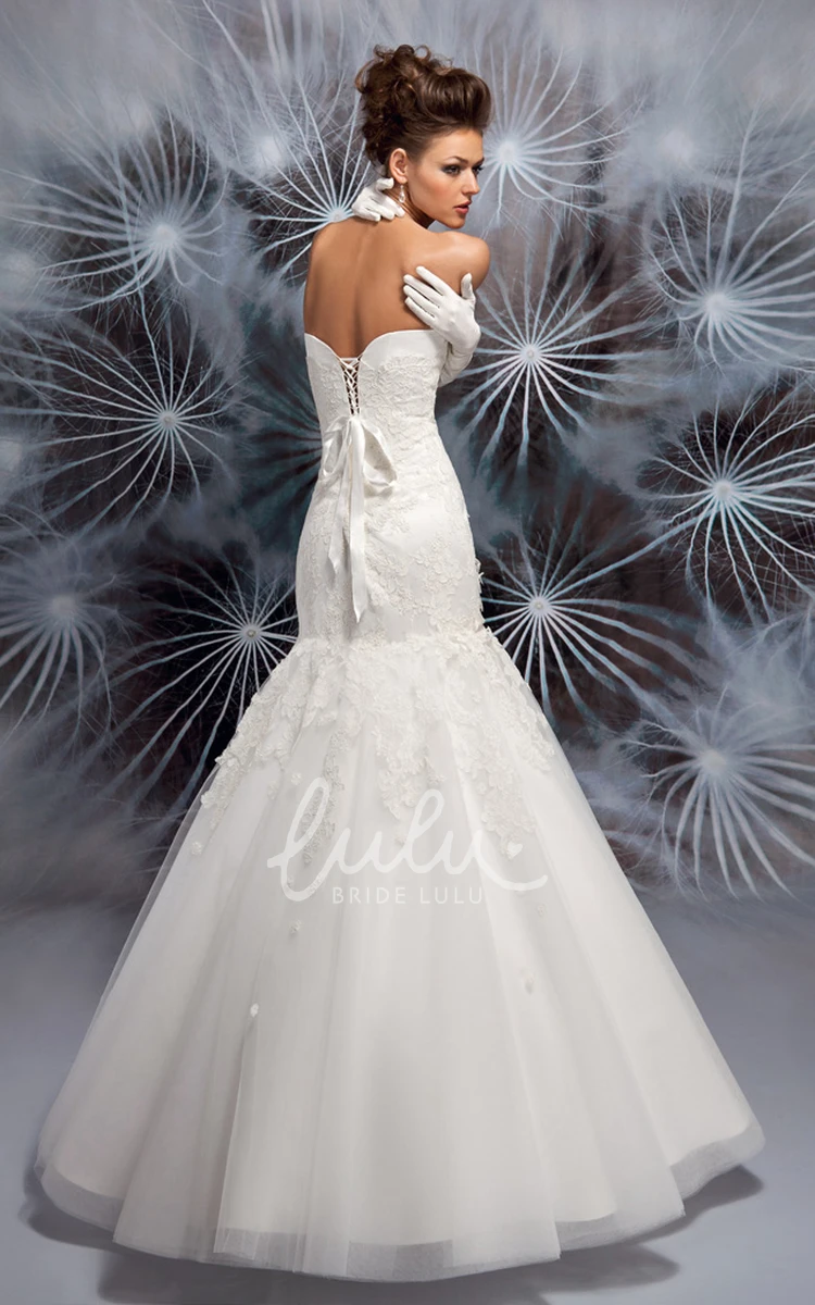 Satin&Lace Strapless A-Line Wedding Dress with Appliques and Bow Elegant Bridal Gown