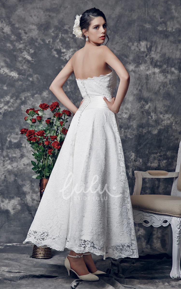 Ankle Length Lace Wedding Dress with Elegant Strapless Design and Flower