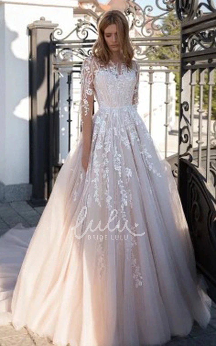 Tulle Long Sleeve A-Line Wedding Dress with Appliques Ethereal and Classy