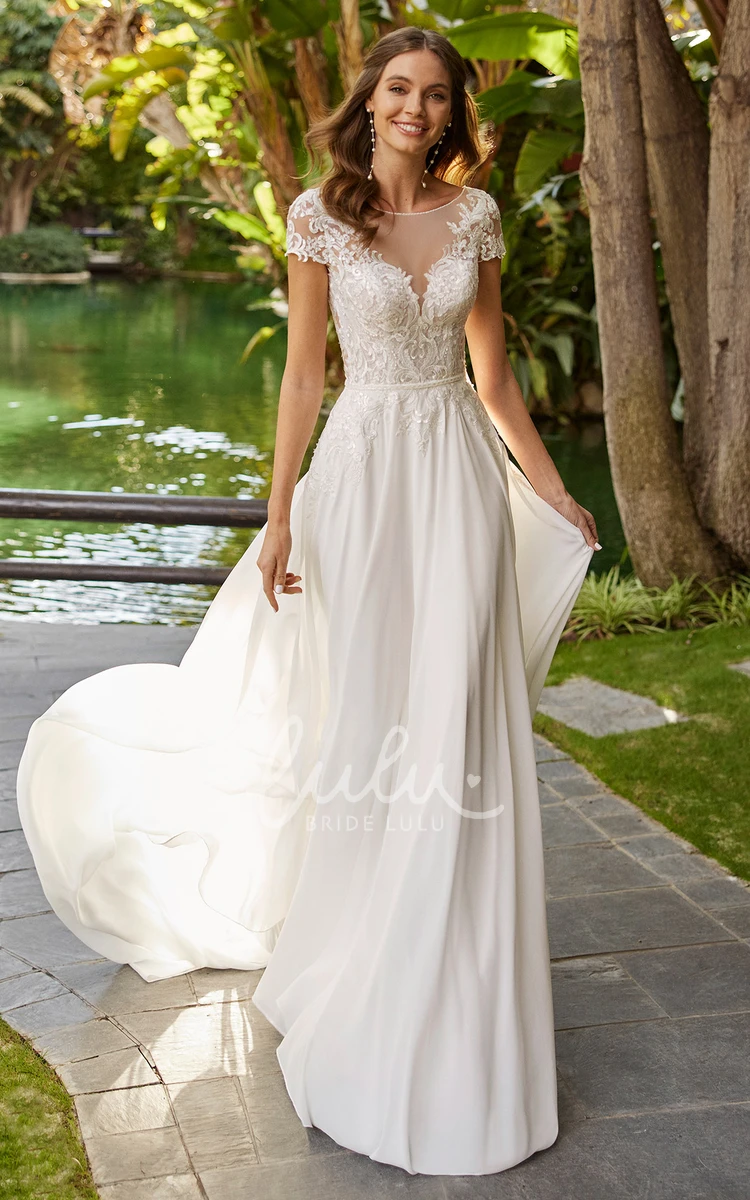 Bohemian A-Line Chiffon Open Back Wedding Dress Casual & Western Bridal Gown Bateau Neckline