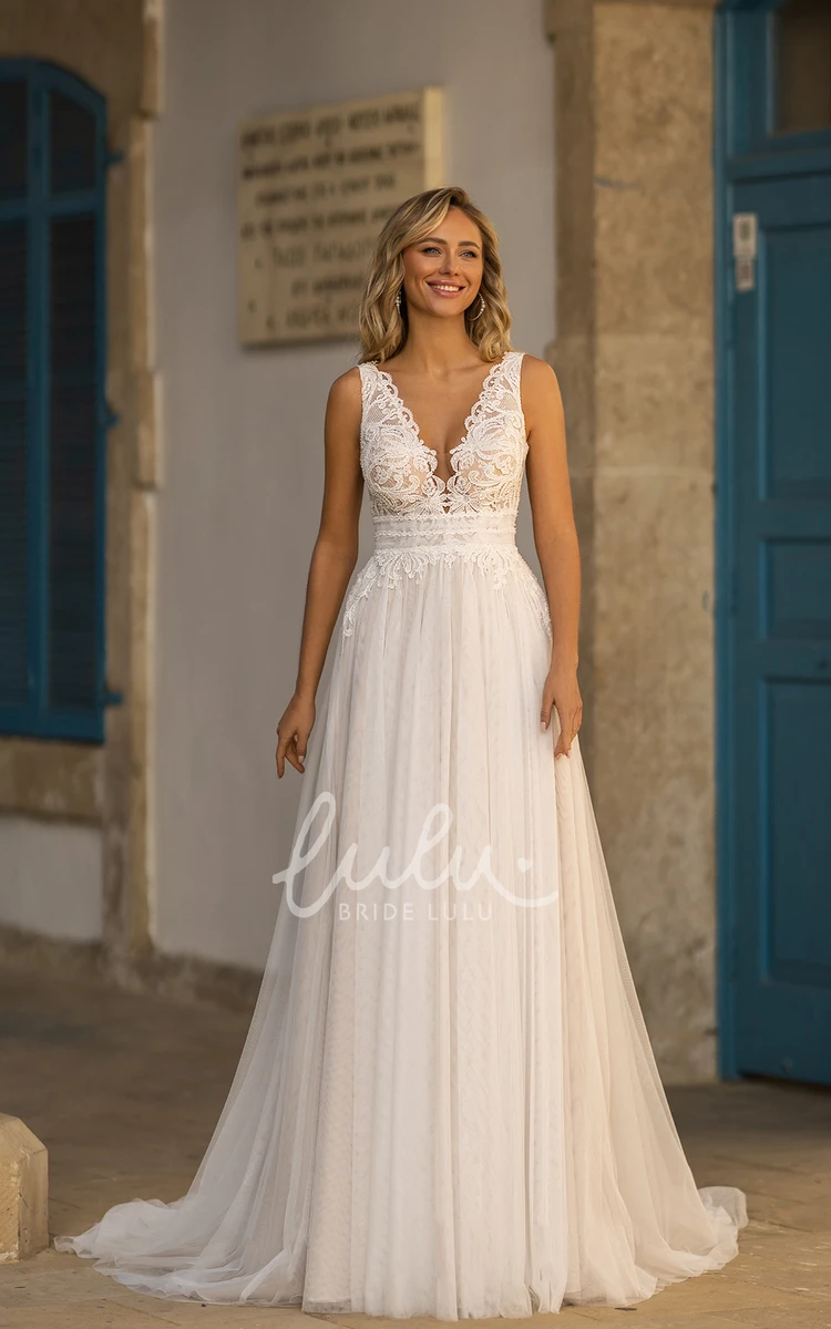 Sleeveless Plunging V-neck  Romantic Empire A-Line Lace Wedding Dress with Sweep Train