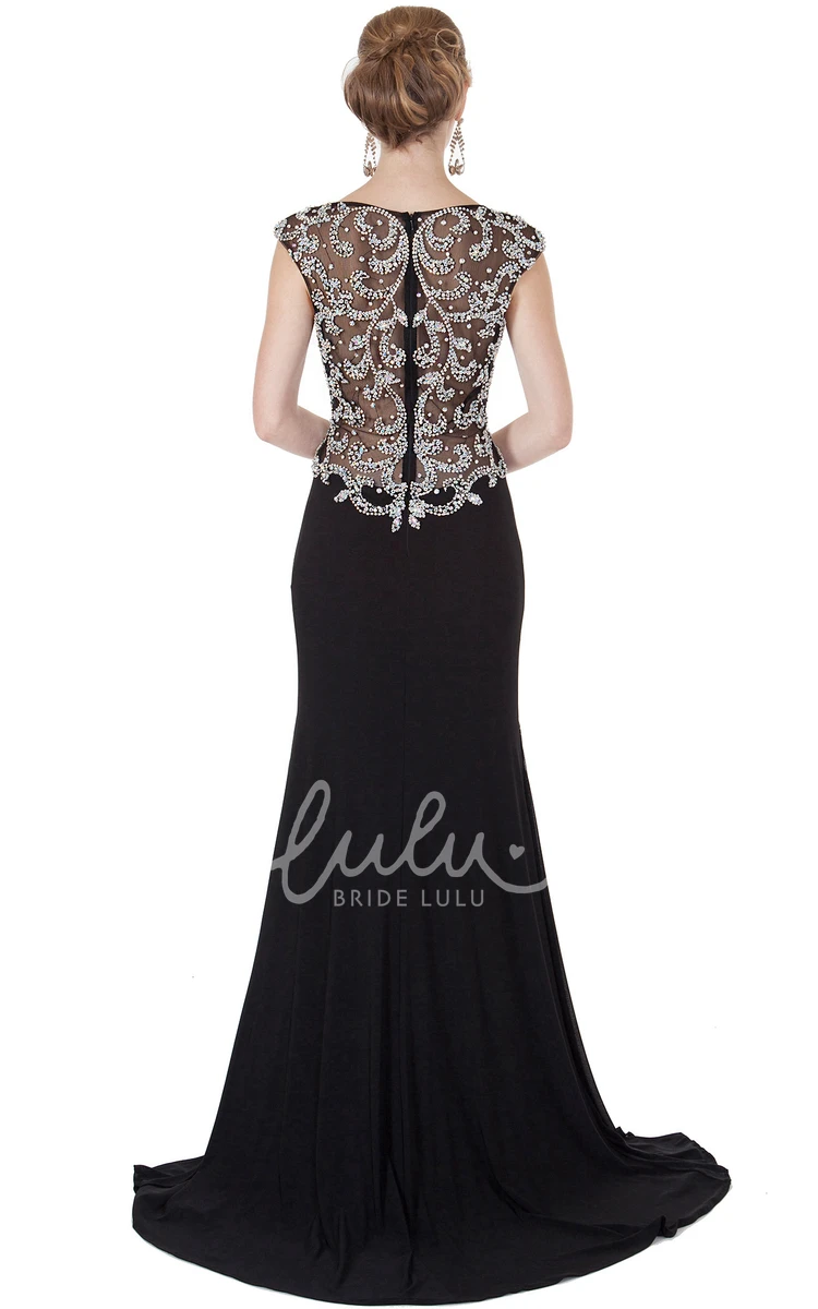 Beaded Chiffon Cap-Sleeve Scoop-Neck Prom Dress with Brush Train