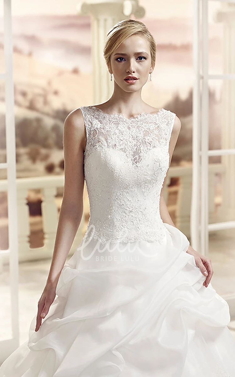 Lace&Organza A-Line Wedding Dress with Appliques Bateau-Neck Pick-Up Floor-Length