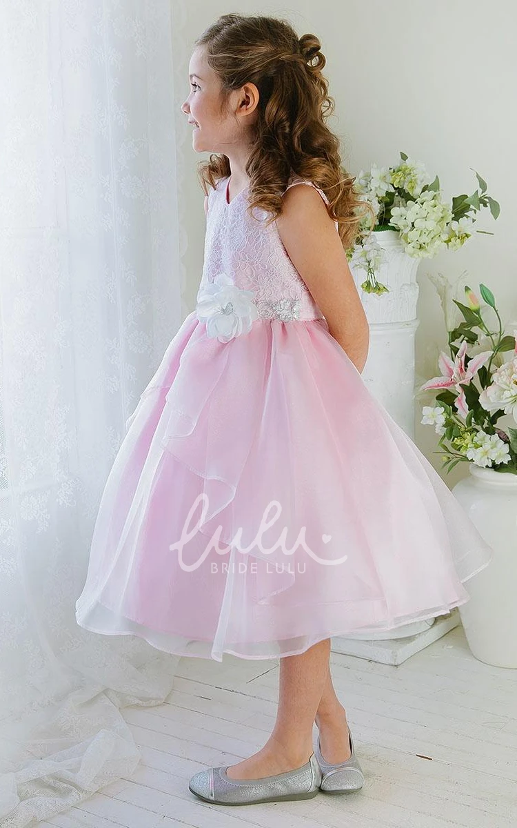 Lace Tea-Length Flower Girl Dress with Tiered Skirt