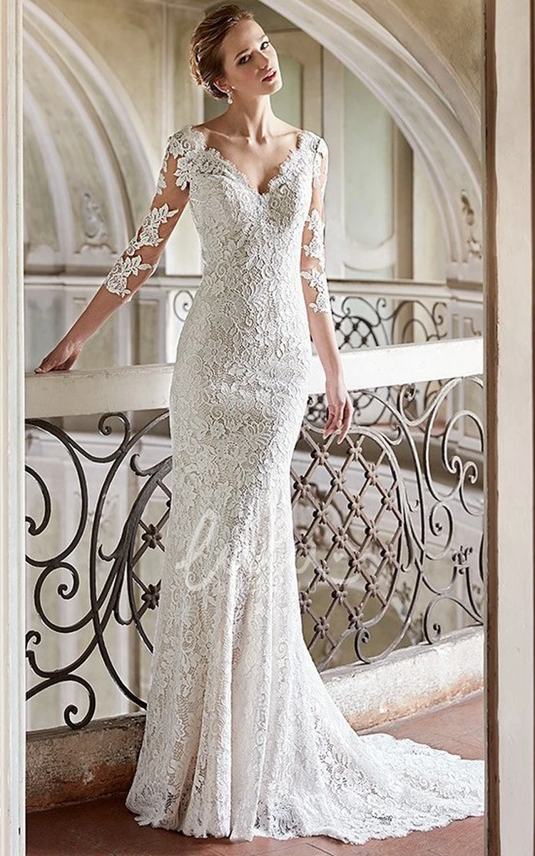 Sheath Lace Wedding Dress with V-Neck 3/4 Sleeves and Backless Design Unique Bridal Gown