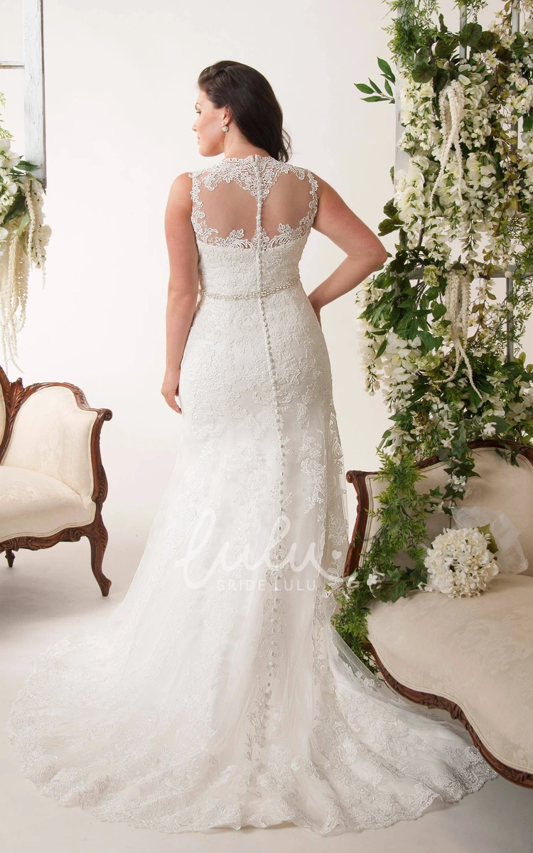 Sheath Scoop-Neck Appliqued Floor-Length Lace Plus Size Wedding Dress Chic Lace Wedding Dress