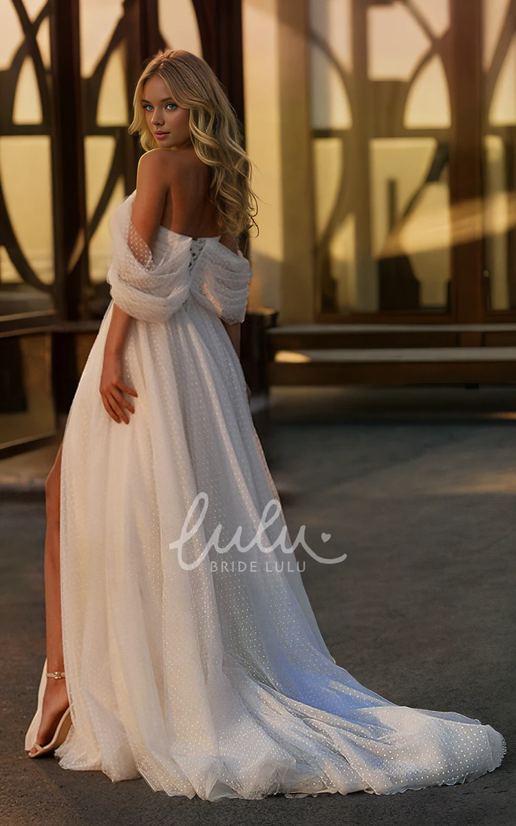 Simple Sexy Off-the-shoulder A-Line Tulle Wedding Dress Vintage Romantic Adorable Lace-up Back Floor-length Split Front Bridal Gown with Train