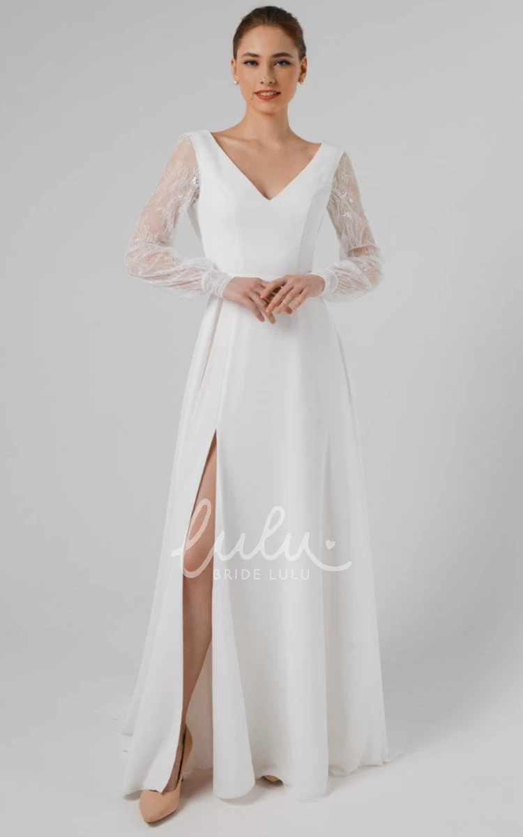 Lace Chiffon Split Front A-Line Wedding Dress Sexy V-Neck