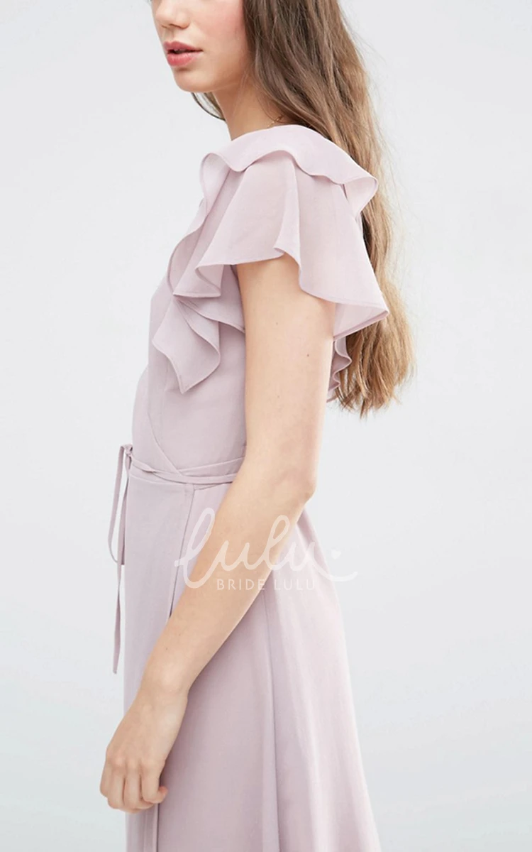 Split Front Chiffon Bridesmaid Dress with Poet-Sleeves and V-Neck in Ankle-Length Sheath Style