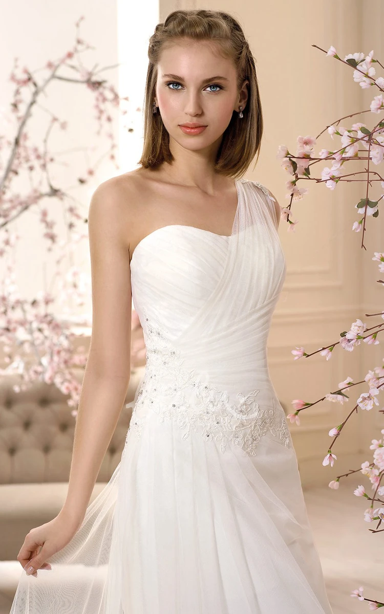 Ruched Tulle One-Shoulder Wedding Dress with Appliques Sleeveless