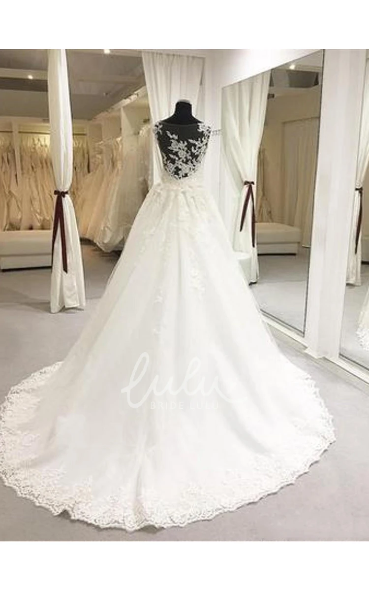 Delicate Appliques A-Line Wedding Dress with Lace Illusion Back and Brush Train