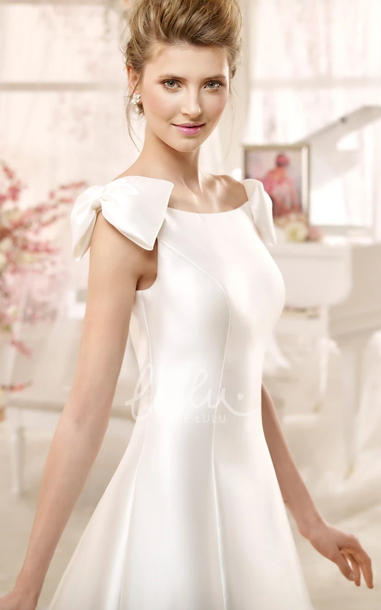 Satin A-Line Wedding Dress with Shoulder Bow and Brush Train