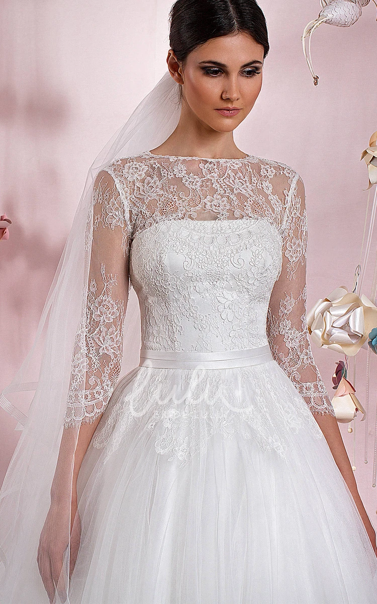 Jewel Neck Tulle Ball Gown Wedding Dress with 3-4 Sleeves Classic Bridal Gown