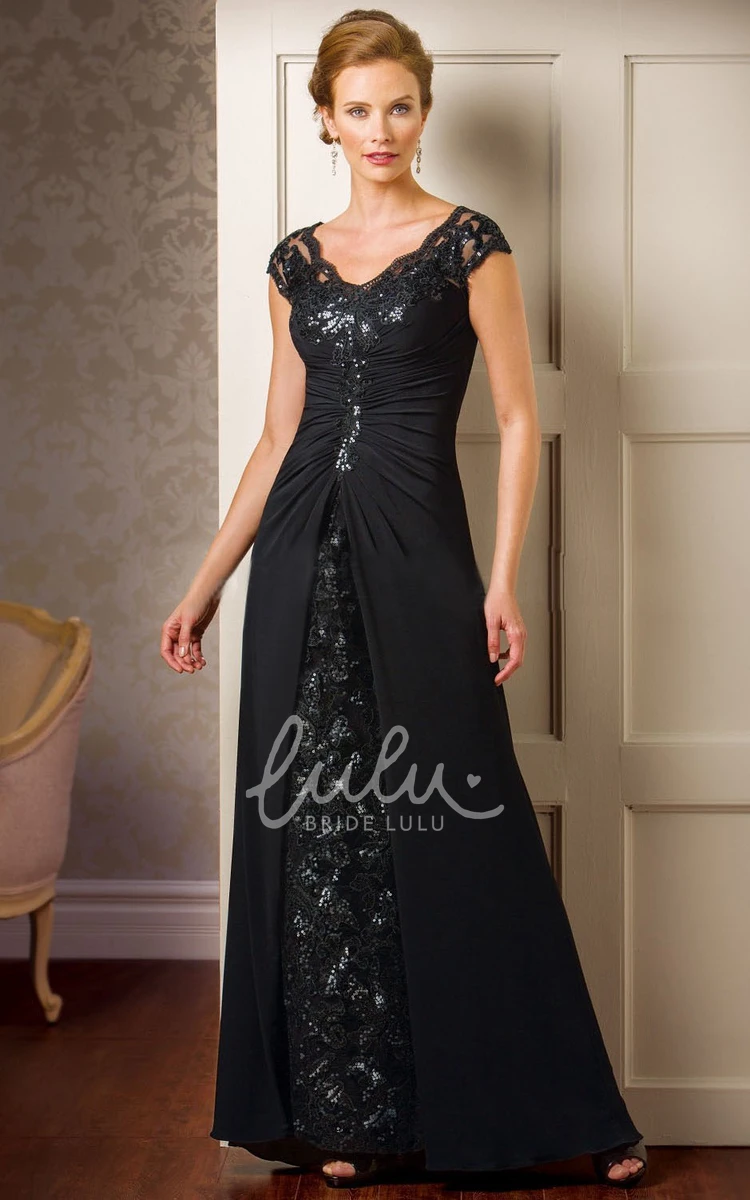 Cap-Sleeved V-Neck Sequin Mother Of The Bride Dress with Illusion Back Elegant Formal Dress