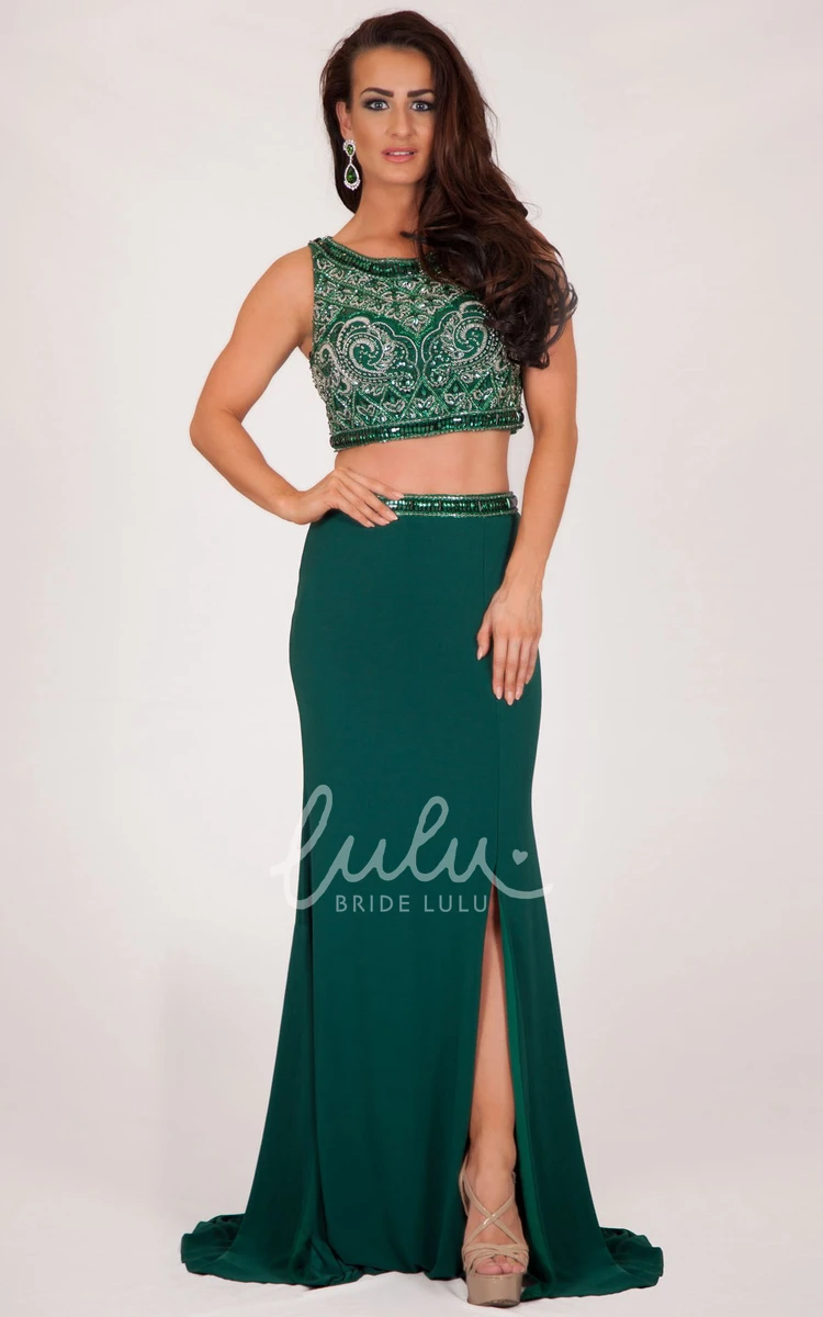 Sleeveless Beaded Scoop-Neck Jersey Prom Dress Long Sheath Style