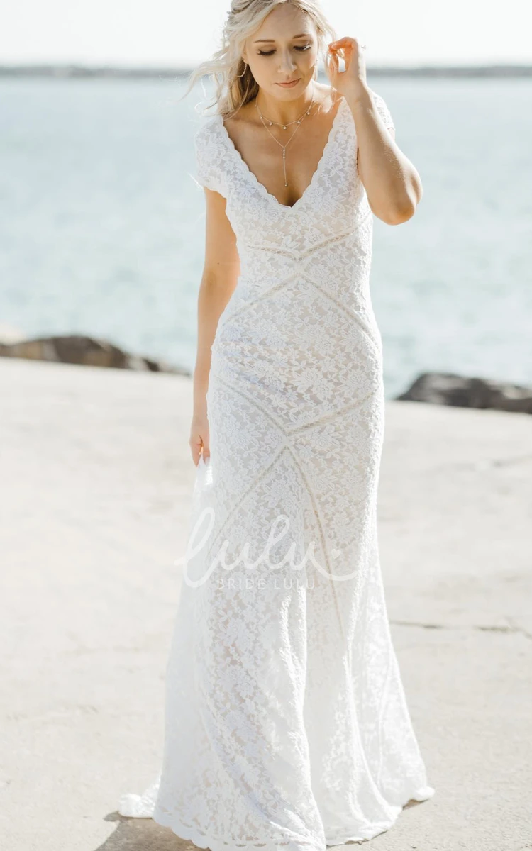 Romantic V-neck Lace Appliques Short Sleeve Country Wedding Dress with Sweep Train