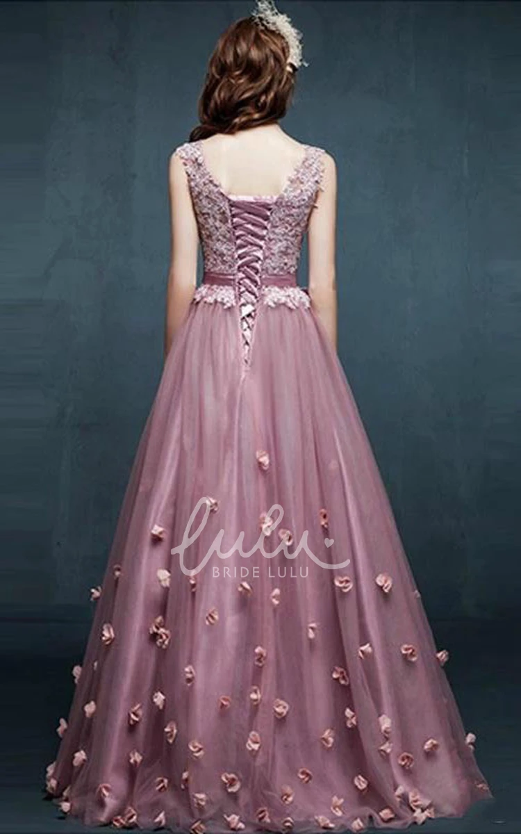 A-line V-neck Tulle Dress with Appliques Flowers Elegant Bridesmaid Dress