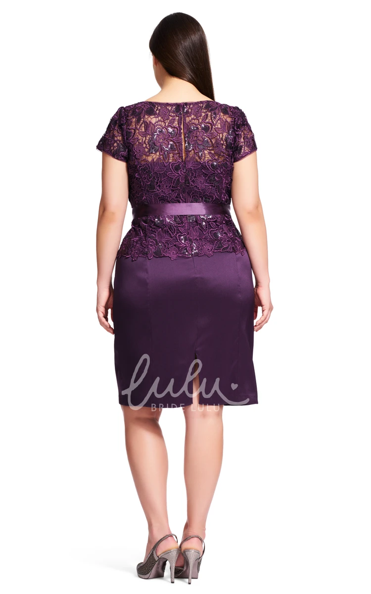 Lace Split Scoop-Neck Plus Size Bridesmaid Dress with Ribbon Floor-Length Pencil Dress