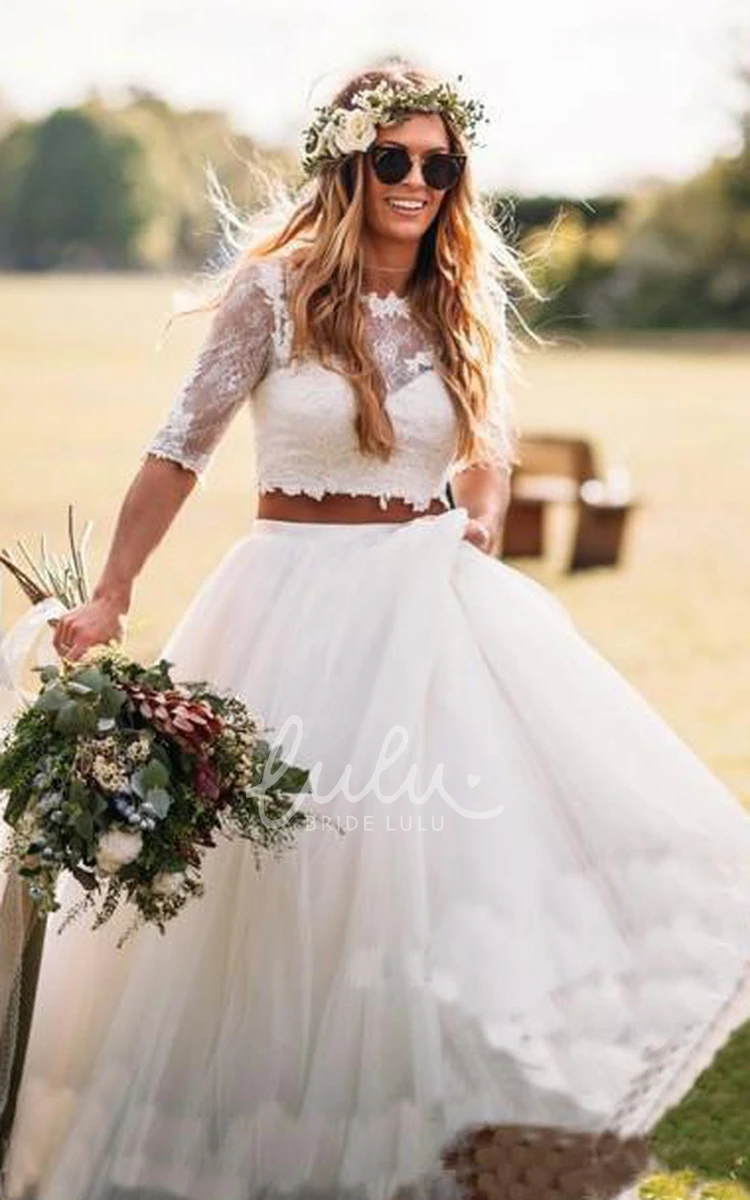 Bohemian Two Piece Lace Tulle Wedding Dress with Half Sleeves and Low-V Back