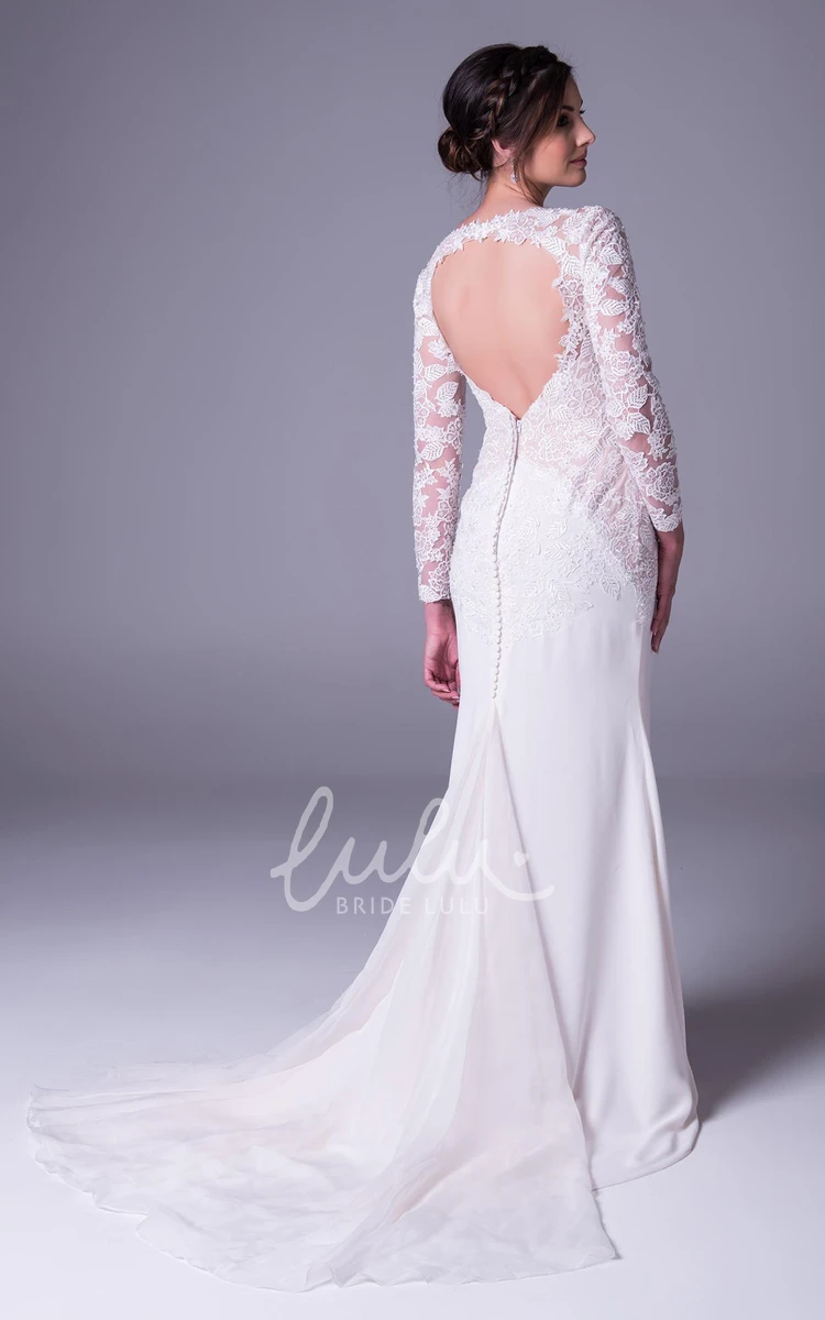 Lace&Chiffon Sheath Keyhole Wedding Dress with Long Sleeves