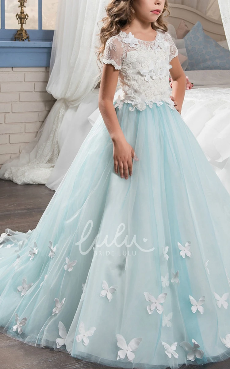 Scoop Neck Short-Sleeve Flower Girl Dress with Applique Tulle and Lace Ball Gown