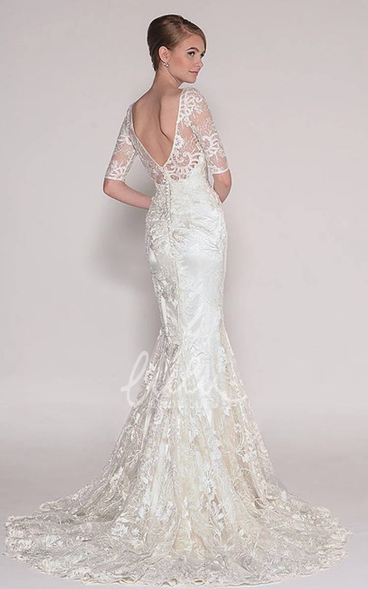 Appliqued Lace Wedding Dress with V-Back Half Sleeves and Sweep Train Maxi Bridal Gown