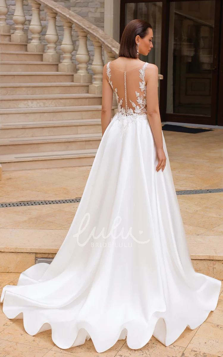 Elegant A-Line Spaghetti Lace Appliques Sweep Train Natural Wedding Dress