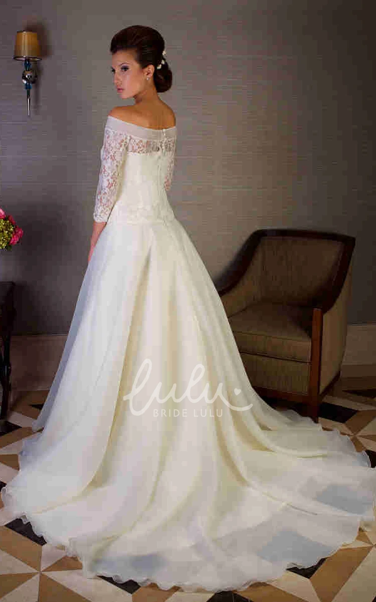 Off-The-Shoulder Organza Wedding Dress with Appliques and Illusion Sleeves