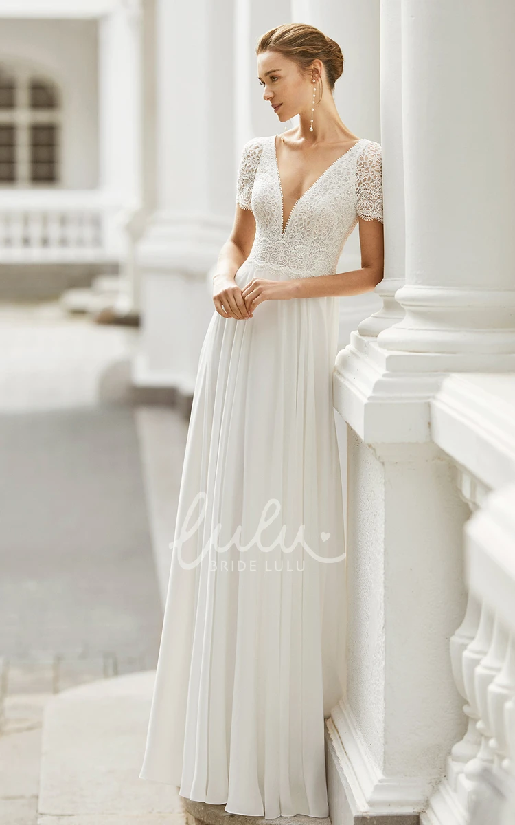 A-Line Chiffon Illusion Sleeve Wedding Dress Sexy & Romantic Bridal Gown Plunging Neckline