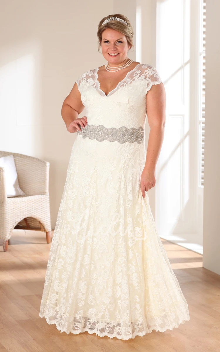 Long V-Neck A-Line Wedding Dress with Cap Sleeves and Lace Appliques