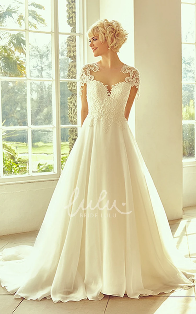 Lace Cap-Sleeve Wedding Dress with Notched Neckline Elegant Bridal Gown