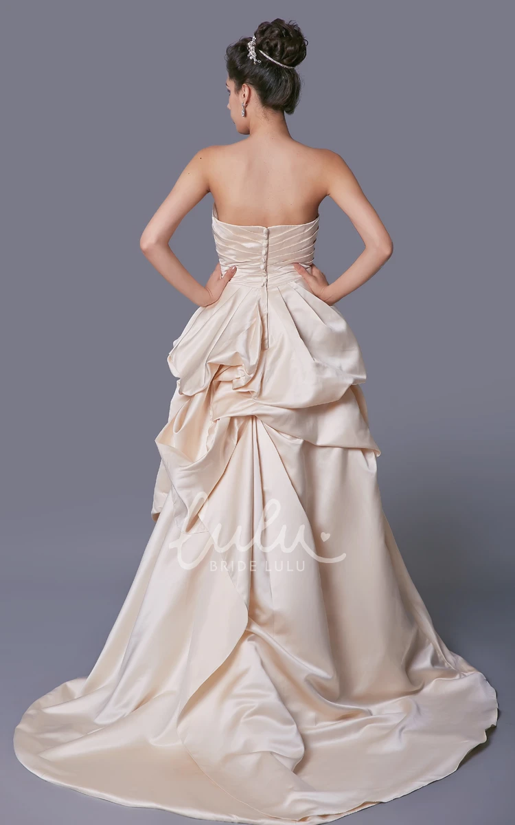 A-line Satin Long Wedding Dress with Strapless Sleeveless Neckline and Ruffled Design