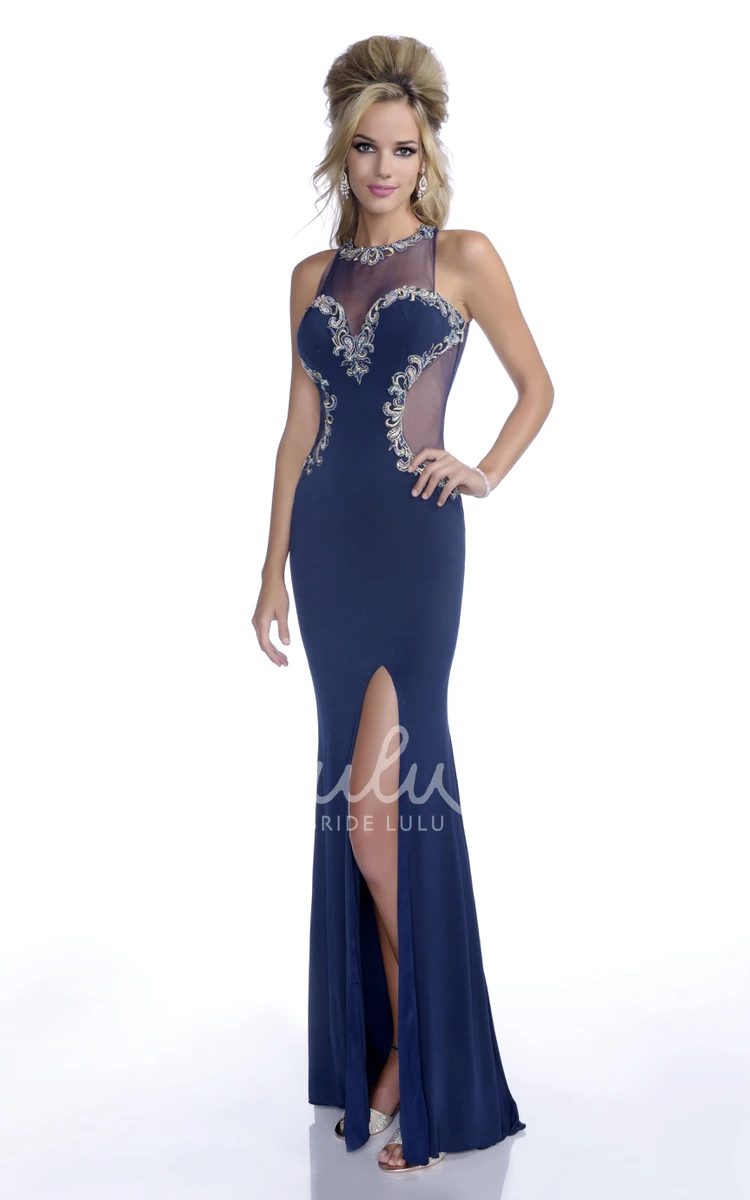 Sleeveless Mermaid Prom Dress with Jeweled Lace Trim Side Slit Jersey