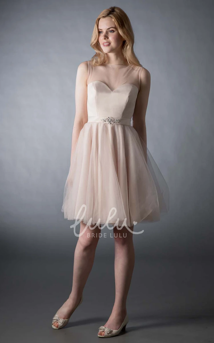 A-Line V-Neck Jeweled Tulle Bridesmaid Dress Sleeveless Short Button