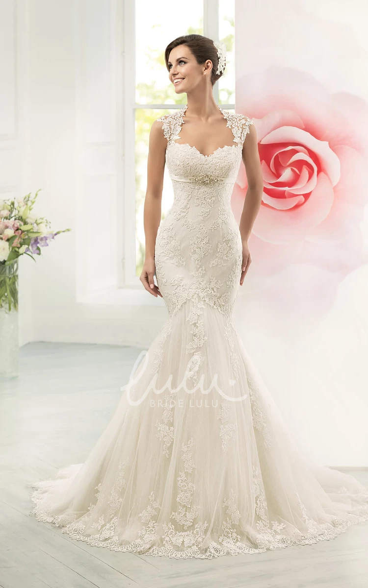 Mermaid Lace Wedding Dress with Queen-Anne Neckline and Waist Jewellery