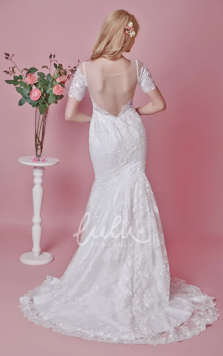 Lace Illusion Back Short Sleeve Trumpet Wedding Dress Modest & Elegant