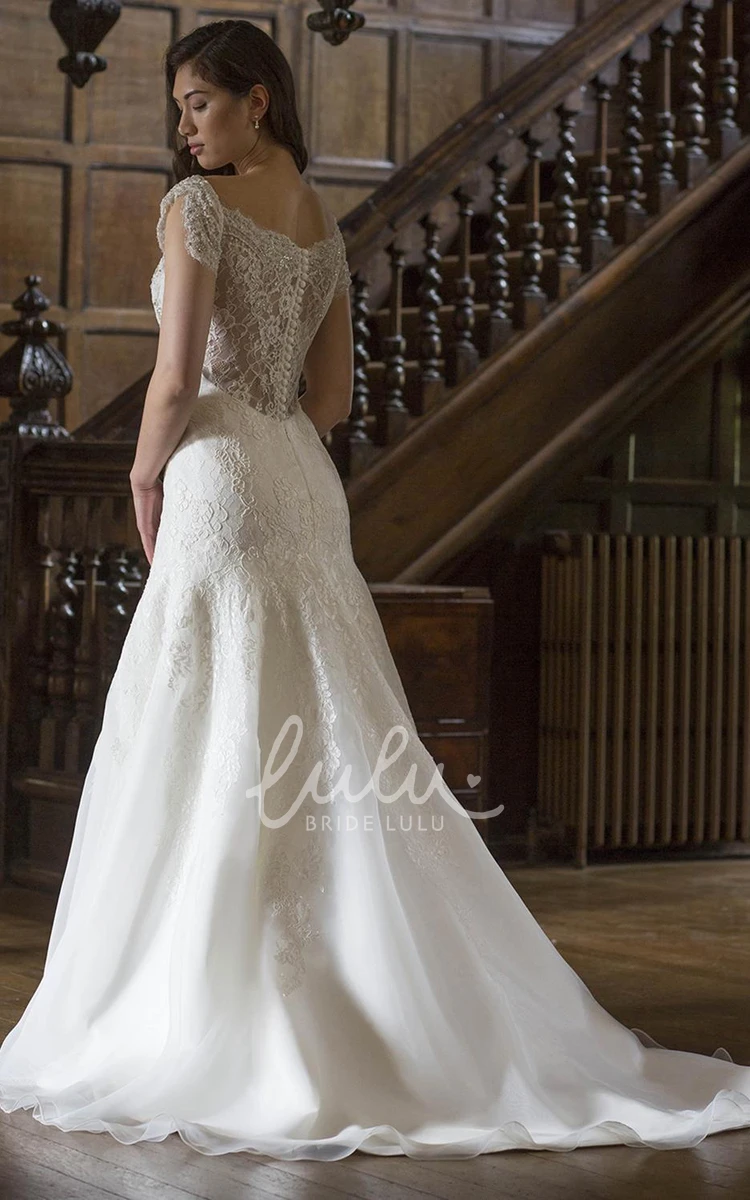 Lace Cap-Sleeve Wedding Dress V-Neck with Brush Train