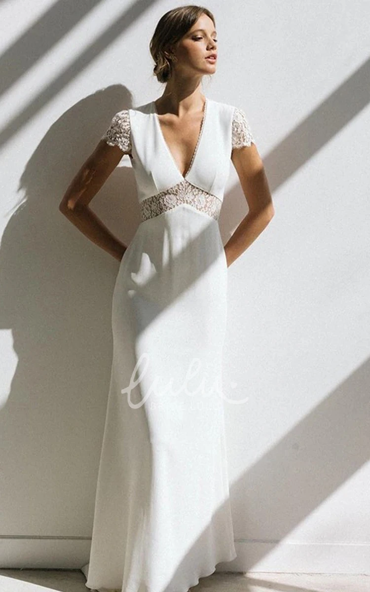 Chiffon Sheath Wedding Dress with V-neck Short Sleeves and Lace Open Back Simple Bridal Gown