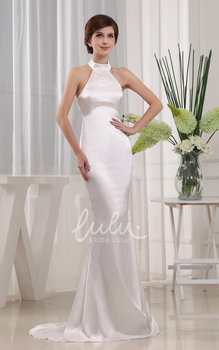 Satin Halter Sheath Wedding Dress with Brush Train Sleeveless Elegant Bridal Gown