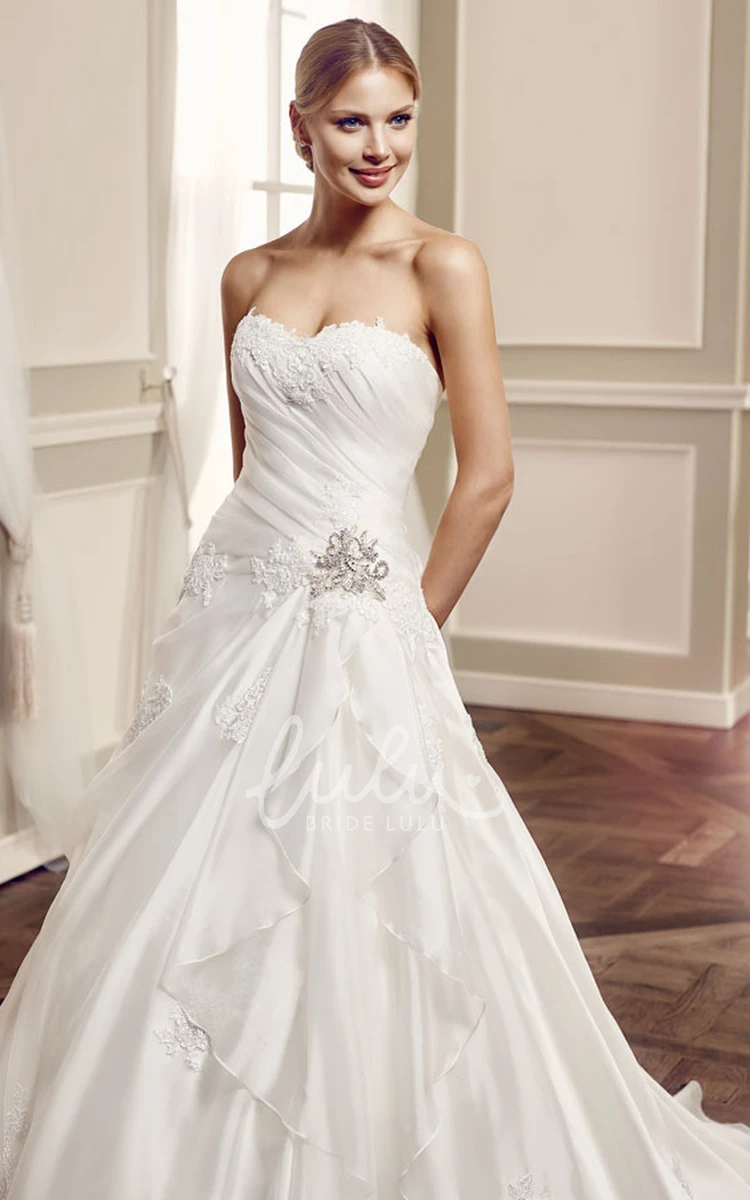 Ruched Satin&Tulle Wedding Dress with Appliques & Draping A-Line Sleeveless Sweetheart Floor-Length