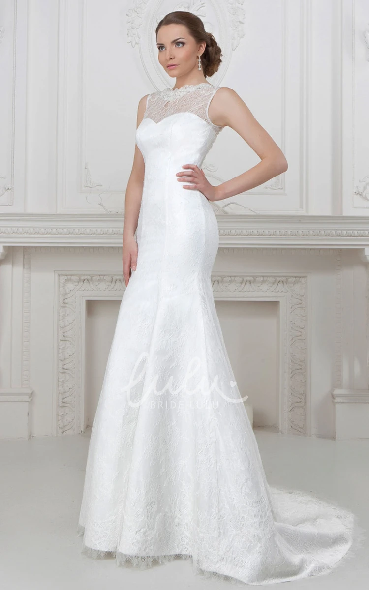 Jewel-Neck Mermaid Wedding Dress with Lace and Satin Sleeveless Floor-Length