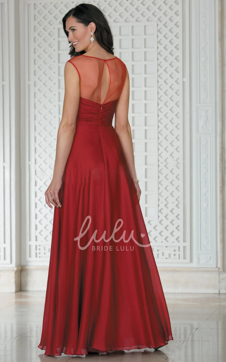Cap-Sleeved A-Line Gown with Pleated Skirt and Illusion Neckline Unique Bridesmaid Dress