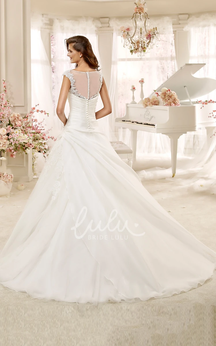 Cap-sleeve A-line Wedding Dress with Jewel-neck Asymmetrical Ruching and Illusive Design Simple and Elegant