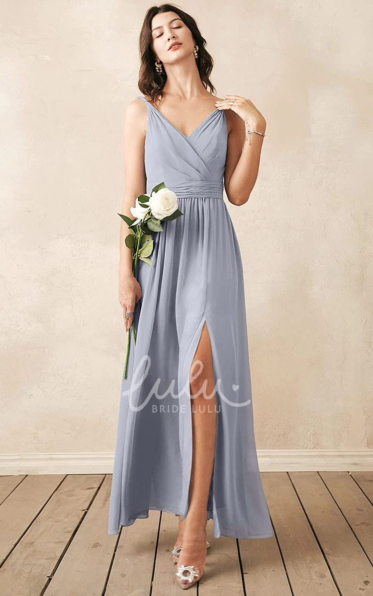 Sleeveless V-neck Chiffon A-line Bridesmaid Dress with Ruching Elegant