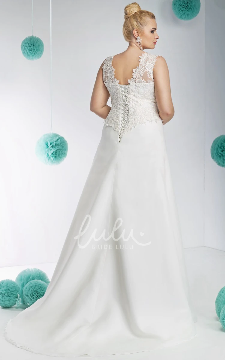 Plus Size Lace and Satin Wedding Dress with Appliques V-Neckline