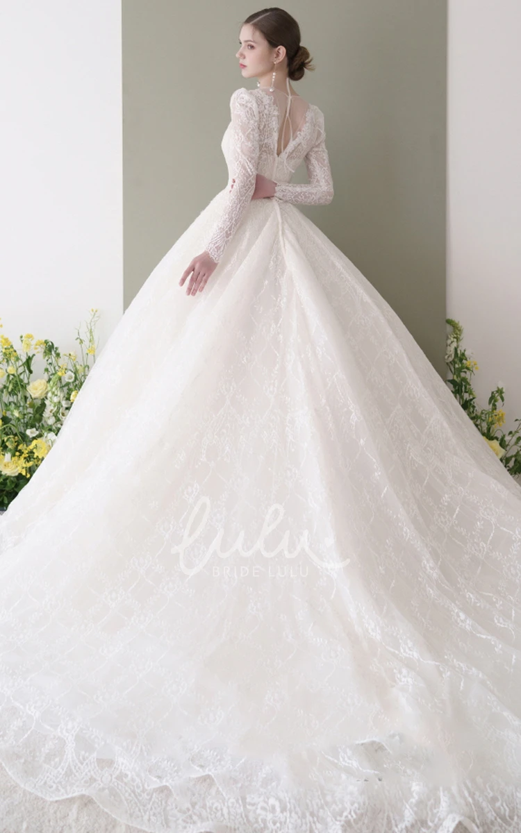 Romantic Ball Gown Lace Scalloped Wedding Dress Long Sleeve