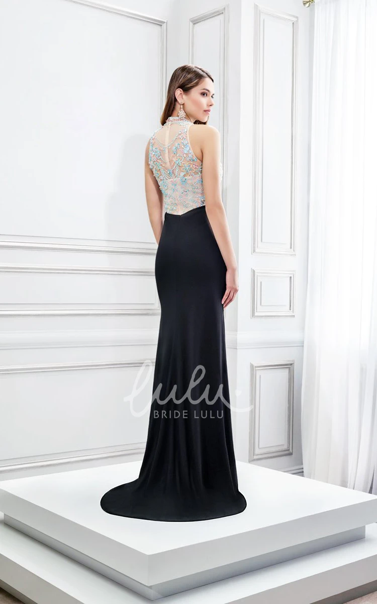 High Neck Jersey Prom Dress with Brush Train and Beaded Embellishments Sleeveless