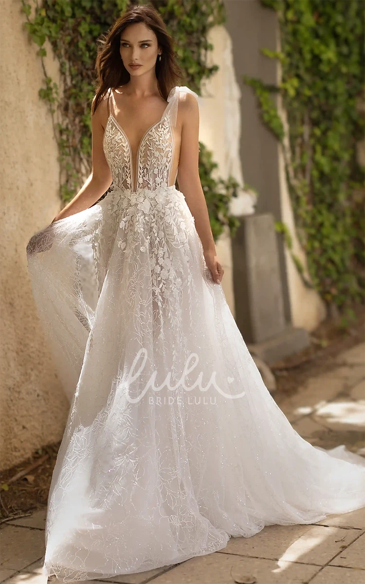 Bohemian Lace A-Line Wedding Dress with Plunging Neckline and Open Back